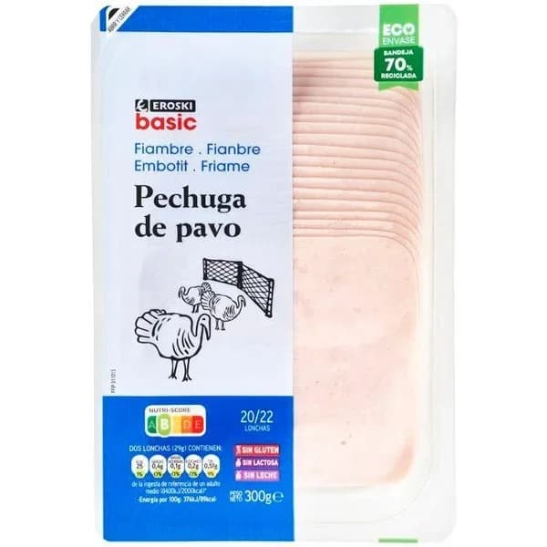 Fiambre de pechuga de pavo  EROSKI BASIC, bandeja 300 g - 0.3 kg - Imagen del producto en Findit