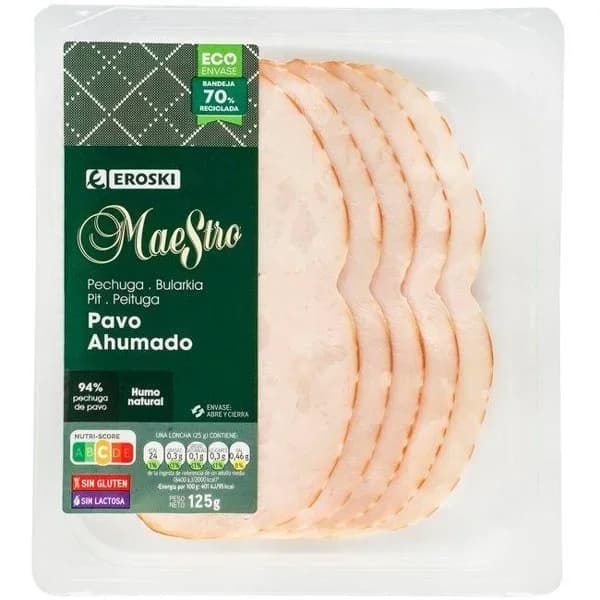 Pechuga de pavo cocida-ahumada EROSKI MAESTRO, bandeja 125 g - 0.13 kg - Imagen del producto en Findit