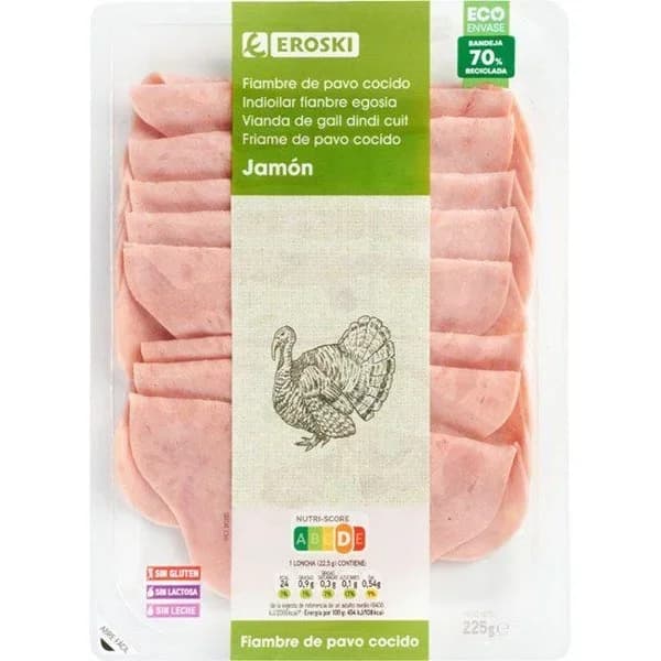 Fiambre de jamón de pavo EROSKI, sobre 225 g - 0.23 kg - Imagen del producto en Findit