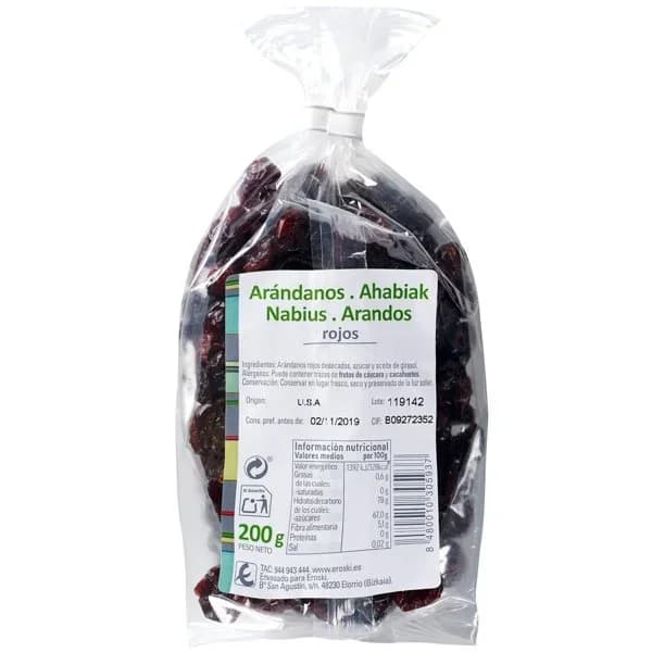 Arándano rojo deshidratado EROSKI, bolsa 200 g - 0.2 kg - Imagen del producto en Findit