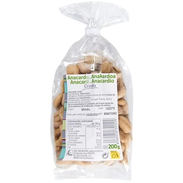 Anacardo crudo EROSKI, bolsa 200 g - 0.2 kg - Imagen del producto en Findit