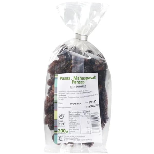 Pasas sin semilla EROSKI, bolsa 200 g - 0.2 kg - Imagen del producto en Findit