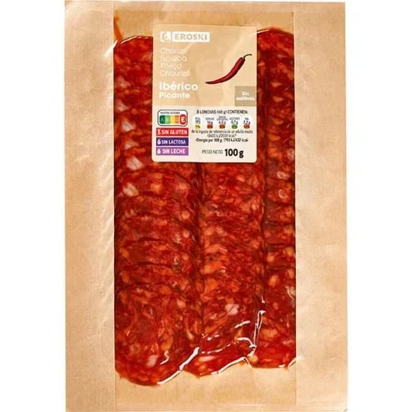 Chorizo ibérico picante extra EROSKI, sobre 100 g - 0.1 kg - Imagen del producto en Findit