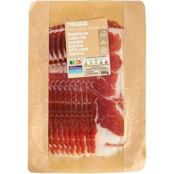 Paleta cebo campo ibérica 50% raza ibérica EROSKI, sobre 100 g - 0.1 kg - Imagen del producto en Findit