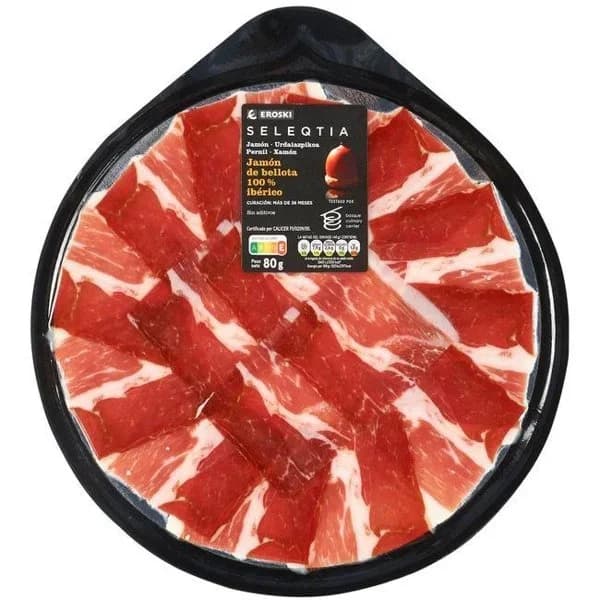 Jamón de bellota 100% ibérico EROSKI SELEQTIA, sobre 80 g - 0.08 kg - Imagen del producto en Findit