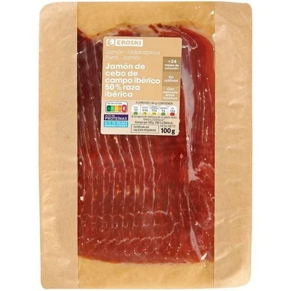Jamón cebo campo ibérico 50% raza ibérica EROSKI, sobre 100 g - 0.1 kg - Imagen del producto en Findit