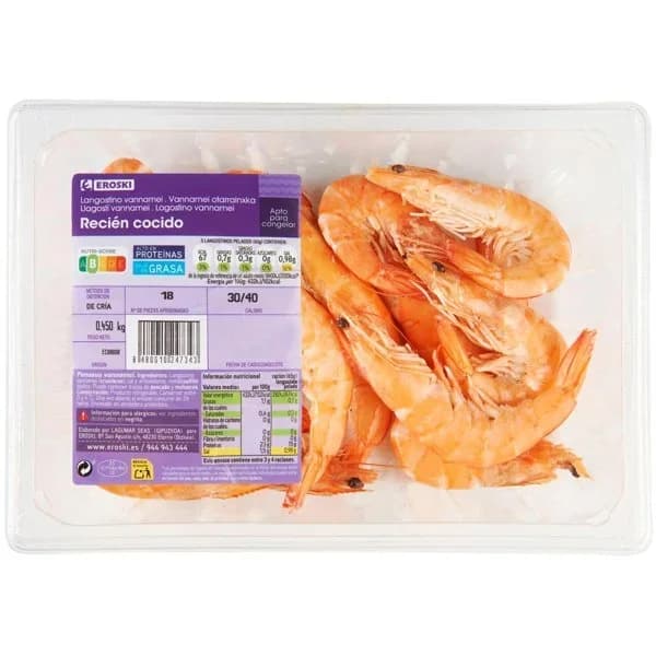 Langostino cocido calibre 30/40 EROSKI, bandeja 450 g - 0.45 kg - Imagen del producto en Findit