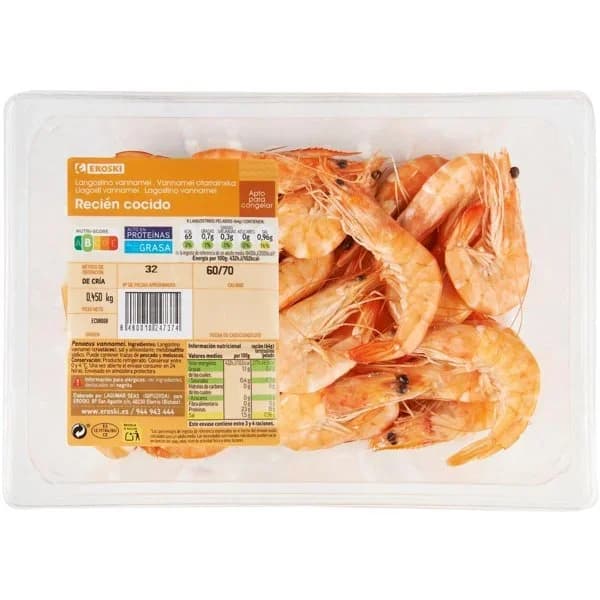 Langostino cocido calibre 60/70 EROSKI, bandeja 450 g - 0.45 kg - Imagen del producto en Findit
