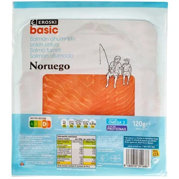 Salmón ahumado EROSKI BASIC, sobre 120 g - 0.12 kg - Imagen del producto en Findit