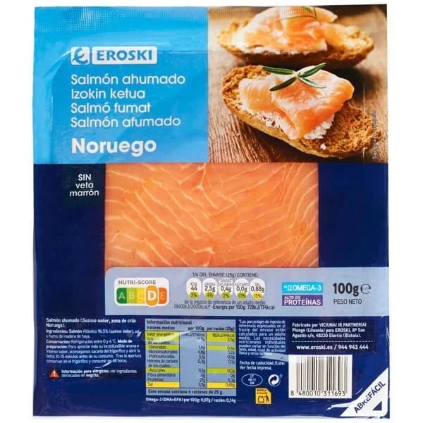 Salmón ahumado EROSKI, sobre 100 g - 0.1 kg - Imagen del producto en Findit
