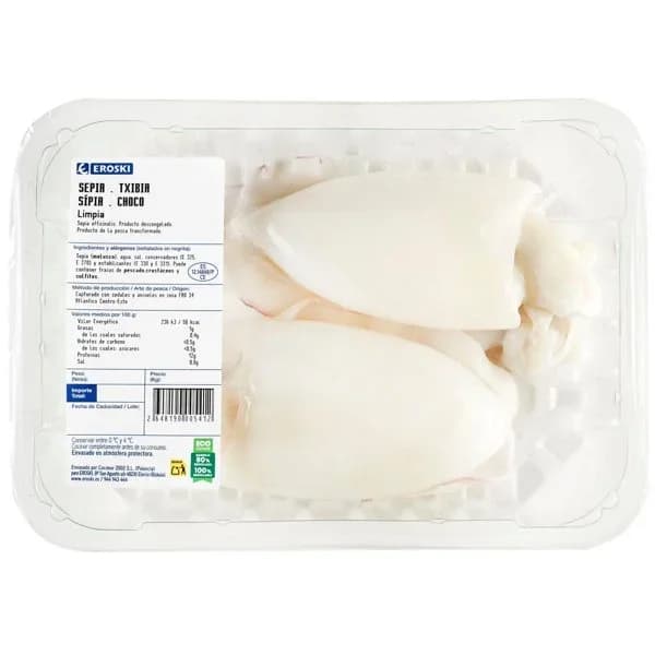 Sepia limpia descongelada EROSKI, bandeja aprox. 500 g - 0.5 kg - Imagen del producto en Findit