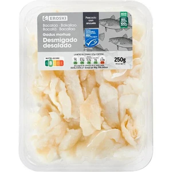 Bacalao desalado desmigado EROSKI, bandeja 225 g - 0.23 kg - Imagen del producto en Findit