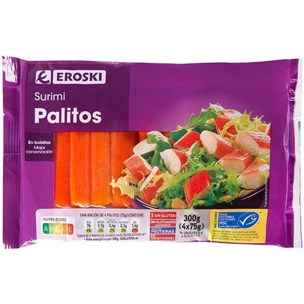 Palitos de surimi MSC EROSKI, bandeja 300 g - 0.3 kg - Imagen del producto en Findit