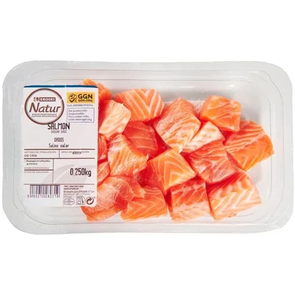 Dados de salmón EROSKI NATUR GGN, bandeja 250 g - 0.25 kg - Imagen del producto en Findit