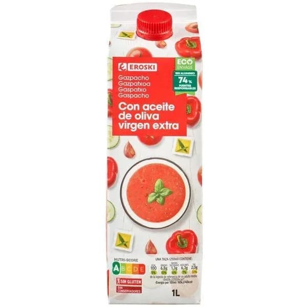 Gazpacho tradicional EROSKI, brik 1 litro - 1 l - Imagen del producto en Findit