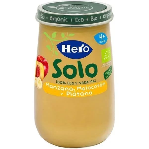Tarrito de manzana, melocotón y plátano desde 4 meses ecológico Hero Solo sin gluten 190 g. - 0.19 kg - Imagen del producto en Findit