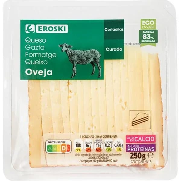 Queso de oveja curado EROSKI, cuña cortada 250 g - 0.25 kg - Imagen del producto en Findit
