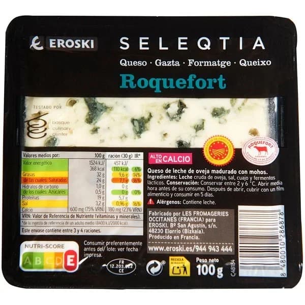 Queso Roquefort D.O.P. Eroski SELEQTIA, cuña 100 g - 0.1 kg - Imagen del producto en Findit