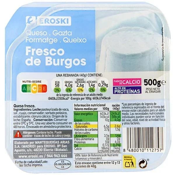 Queso fresco tradicional de Burgos EROSKI, tarrina 500 g - 1 ud - Imagen del producto en Findit