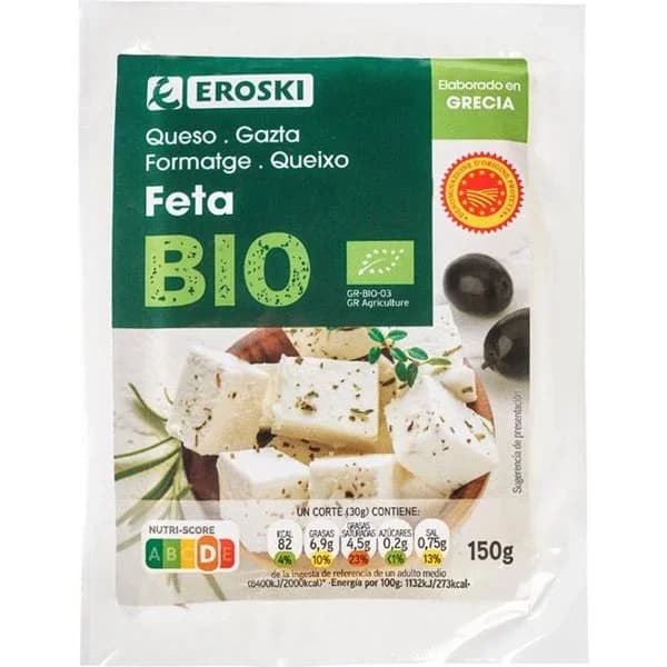 Queso feta taco EROSKI BIO, taco 150 g - 0.15 kg - Imagen del producto en Findit