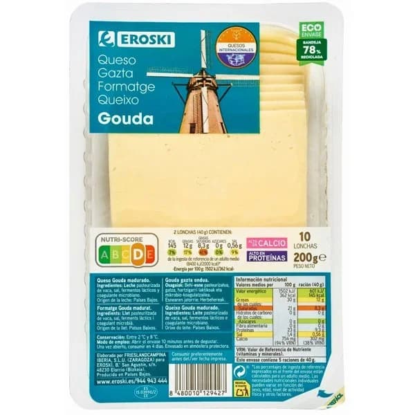 Queso Gouda EROSKI, lonchas, bandeja 200 g - 0.2 kg - Imagen del producto en Findit