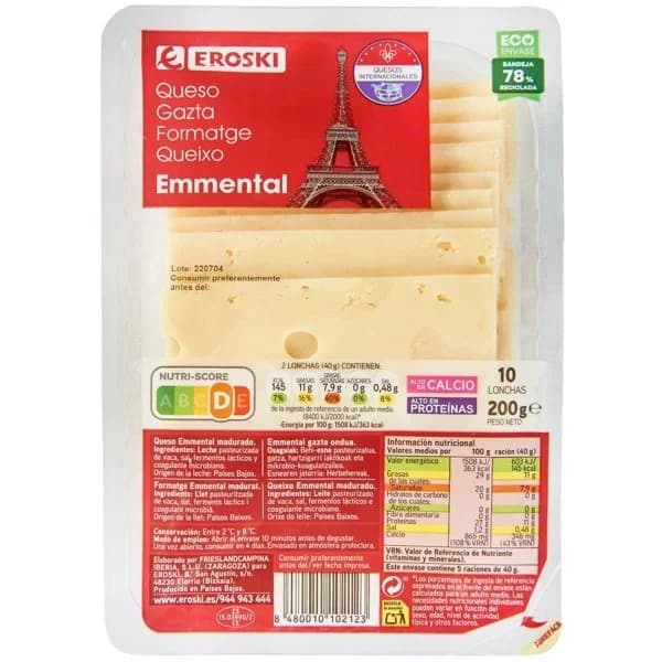 Queso Emmental EROSKI, lonchas, bandeja 200 g - 0.2 kg - Imagen del producto en Findit