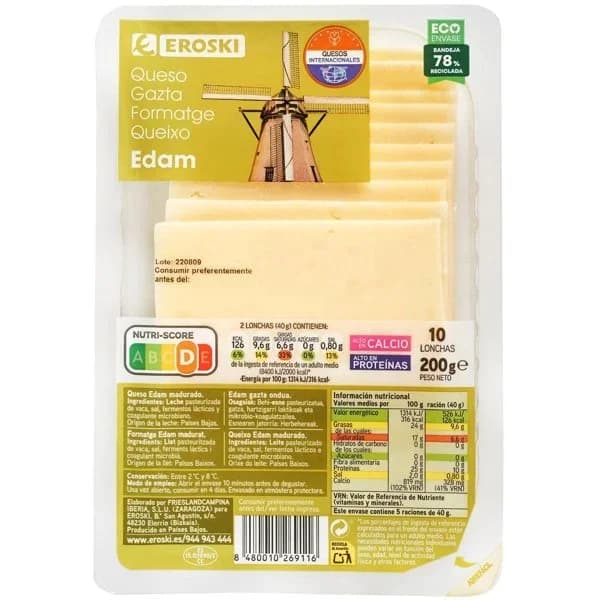 Queso Edam tierno EROSKI, lonchas, bandeja 200 g - 0.2 kg - Imagen del producto en Findit
