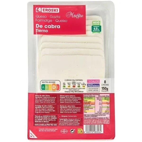 Queso de cabra EROSKI, lonchas, bandeja 150 g - 0.15 kg - Imagen del producto en Findit
