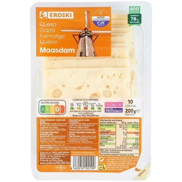Queso Maasdam EROSKI, lonchas, bandeja 200 g - 1 ud - Imagen del producto en Findit