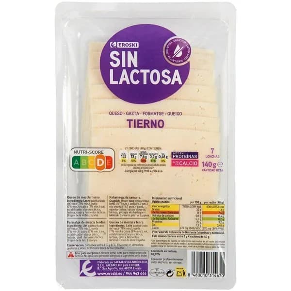 Queso tierno sin lactosa EROSKI, lonchas, bandeja 140 g - 0.14 kg - Imagen del producto en Findit