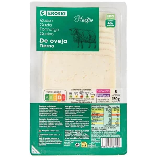Queso de oveja EROSKI, lonchas, bandeja 150 g - 0.15 kg - Imagen del producto en Findit