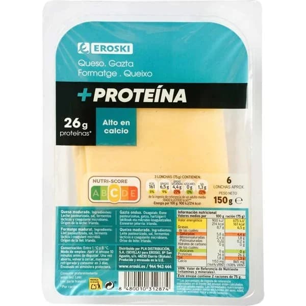 Queso 34 g Protein EROSKI, lonchas, bandeja 150 g - 1 ud - Imagen del producto en Findit