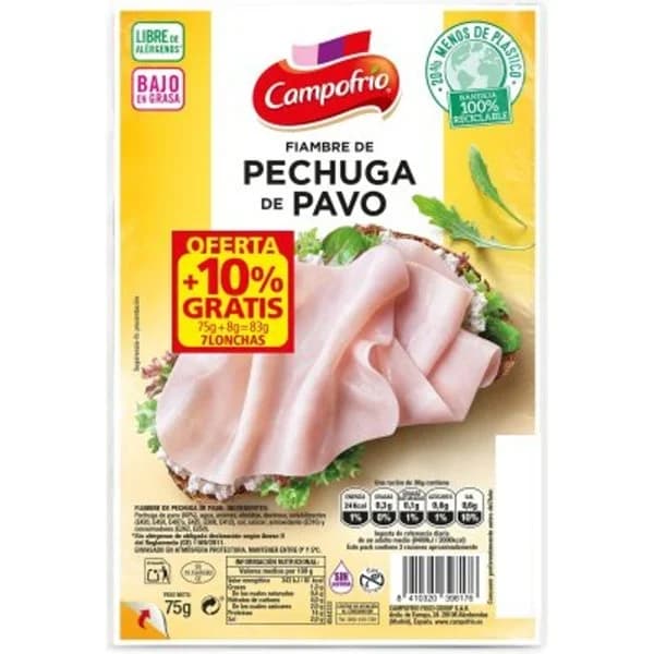 Fiambre de pechuga de pavo en lonchas Campofrío sin gluten y sin lactosa 75 g. - 0.07 kg - Imagen del producto en Findit
