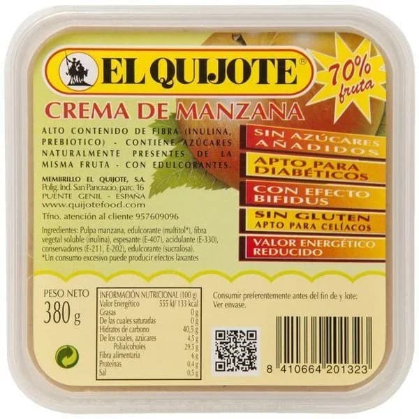 Crema de manzana sin azúcar QUIJOTE, tarrina 380 g - 1 ud - Imagen del producto en Findit