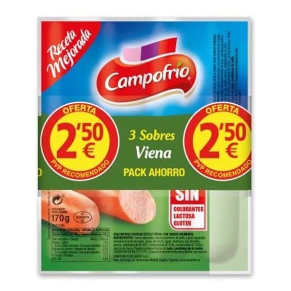 Salchichas viena Campofrío sin gluten sin lactosa pack de 3 unidades de 170 g. - 0.51 kg - Imagen del producto en Findit