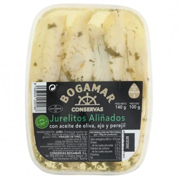 Jurelitos aliñados con aceite de oliva, ajo y perejil Bogamar 100 g - 0.1 kg - Imagen del producto en Findit