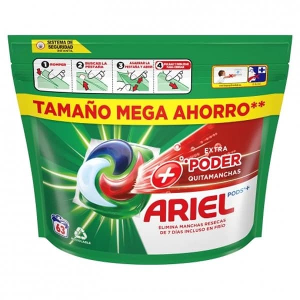 Detergente en cápsulas Todo En Uno Pods + poder extra quitamanchas Ariel 63 lavados. - 1 ud - Imagen del producto en Findit