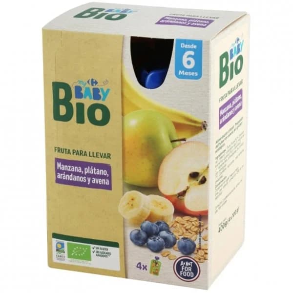 Preparado de manzana, plátano, arándanos y avena desde 6 meses ecológico My Carrefour Baby Bio sin gluten y sin azúcar añadido pack de 4 unidades de 100 g. - 0.4 kg - Imagen del producto en Findit