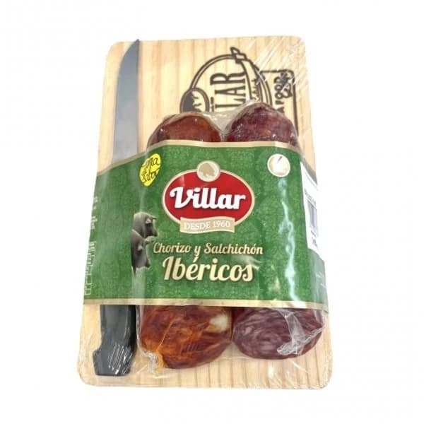 Lote de Embutidos Chorizo Ibérico Curado y Salchichón Ibérico Curado Villar sin gluten 200 g con Tabla y Cuchillo - 0.2 kg - Imagen del producto en Findit