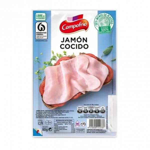 Jamón cocido en lonchas Campofrío sin gluten y sin lactosa 75 g - 0.08 kg - Imagen del producto en Findit