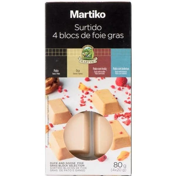 Tabla surtido de foie gras: pato, oca, pato con trufa y pato con boletus Martiko pack de 4 unidades de 20 g - 0.08 kg - Imagen del producto en Findit