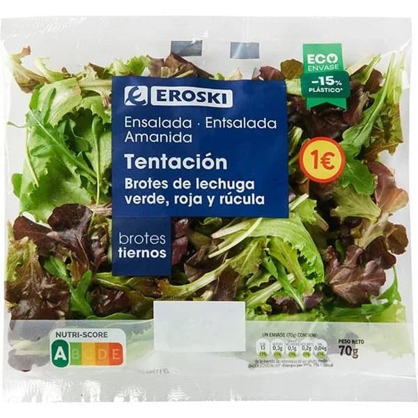 Ensalada de brotes tentación EROSKI, bolsa 70 g - 0.07 kg - Imagen del producto en Findit