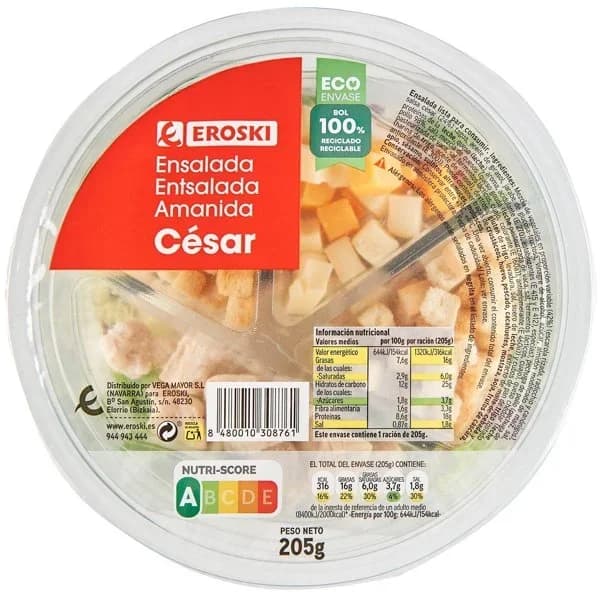 Ensalada César EROSKI, bowl 205 g - 0.21 kg - Imagen del producto en Findit
