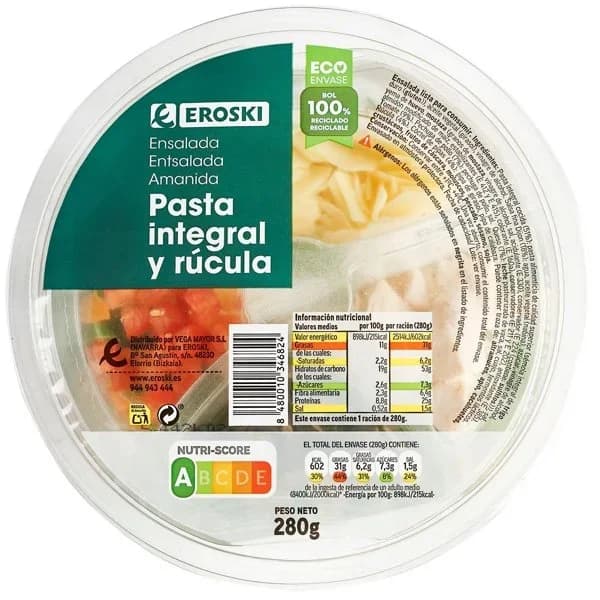 Ensalada de pasta integral y rúcula EROSKI, bowl 280 g - 0.28 kg - Imagen del producto en Findit