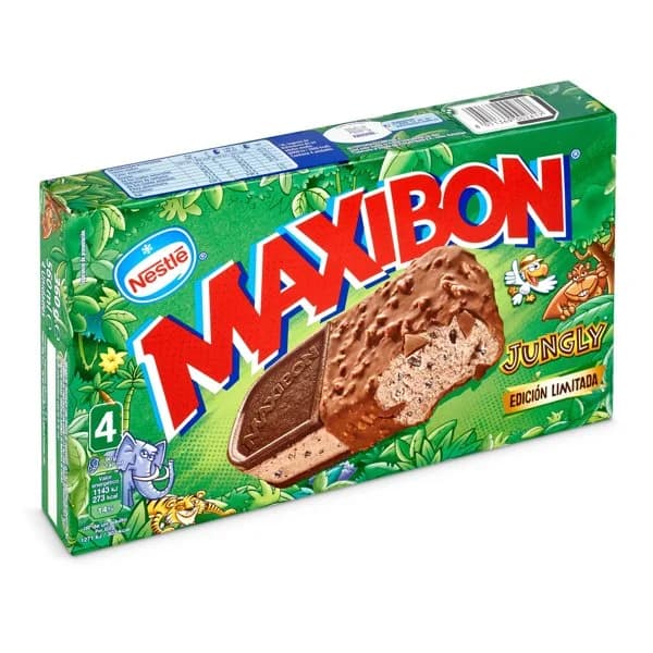 Helado de chocolate jungly con trozos de chocolate y galleta 4 unidades Nestlé Maxibon caja 360 g - 1 ud - Imagen del producto en Findit