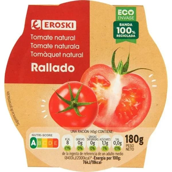 Tomate rallado EROSKI, tarrina 180 g - 0.18 kg - Imagen del producto en Findit