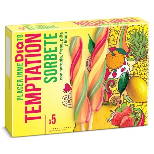 Helado sorbete de naranja, piña, fresa y limón 5 unidades Temptation de Dia caja 400 g - 0.4 ud - Imagen del producto en Findit