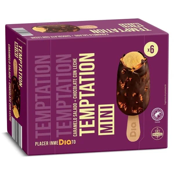 Helado bombón mini doble chocolate y caramelo salado Temptation de Dia estuche 216 g - 1 ud - Imagen del producto en Findit