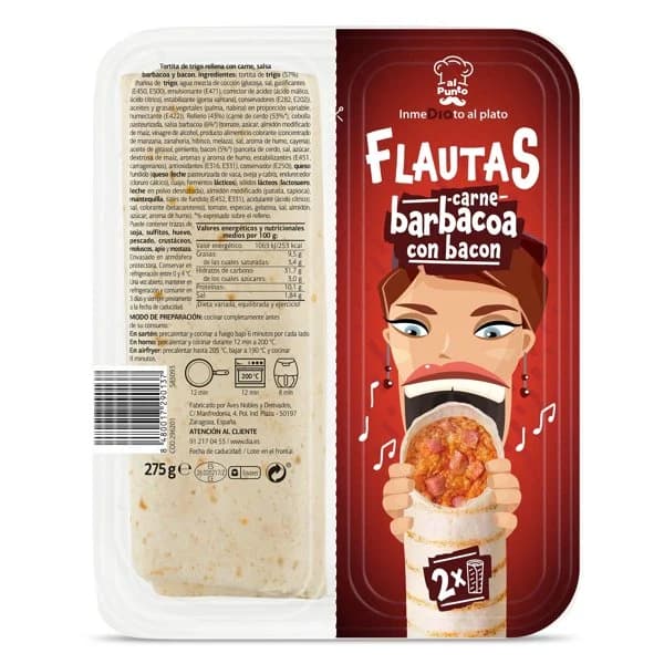 Flautas de carne y salsa barbacoa con bacon Al Punto Dia bandeja 275 g - 0.28 kg - Imagen del producto en Findit