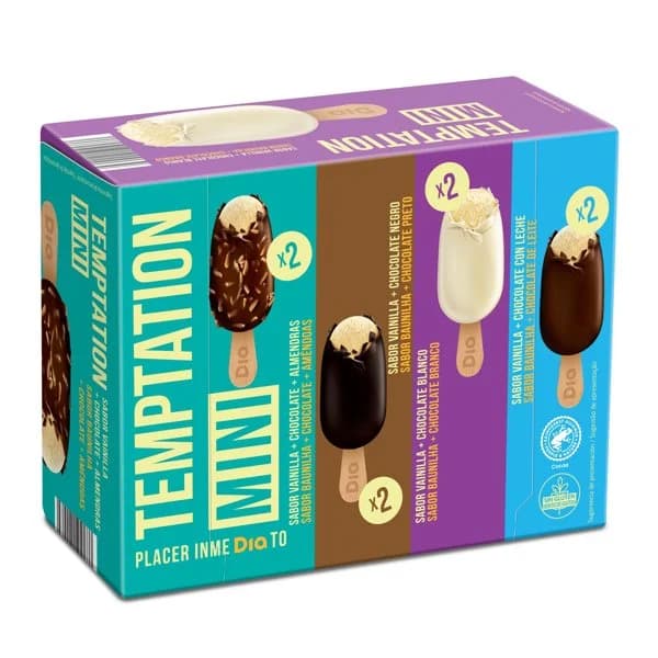 Helado bombón mini surtido 8 unidades Temptation de Dia estuche 288 g - 0.29 kg - Imagen del producto en Findit